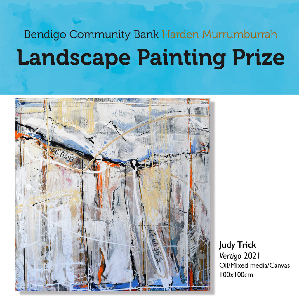 Judy Trick: Vertigo 2021, Oil/MixedMedia/Canvas 100x100cm | Finalist | 2022 Inaugural Harden Murrumburrah Landscape Acquisitive Art Prize